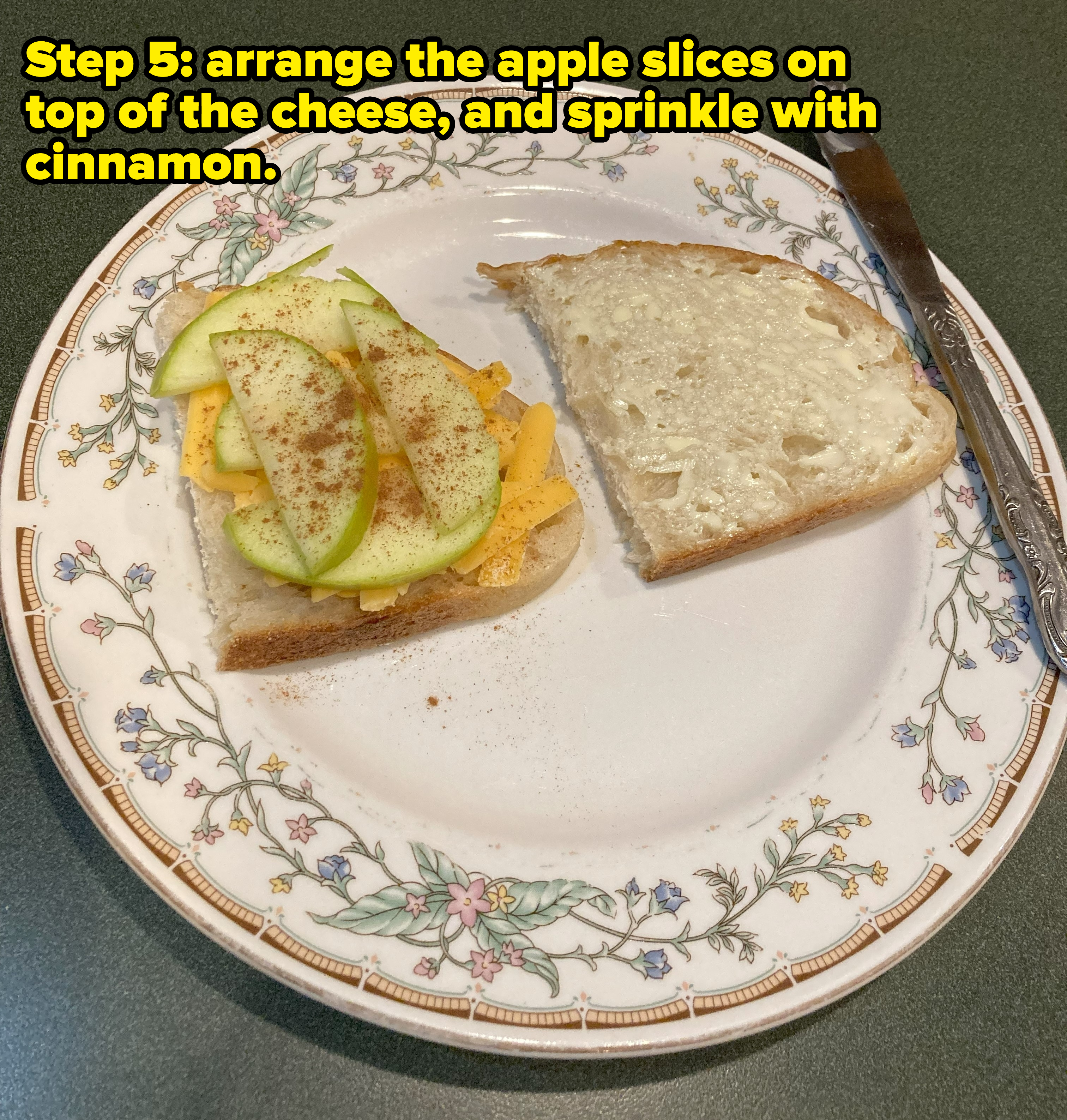 photo of step 5 with the the words &quot;arrange the apple slices on top of the cheese, and sprinkle with cinnamon&quot;