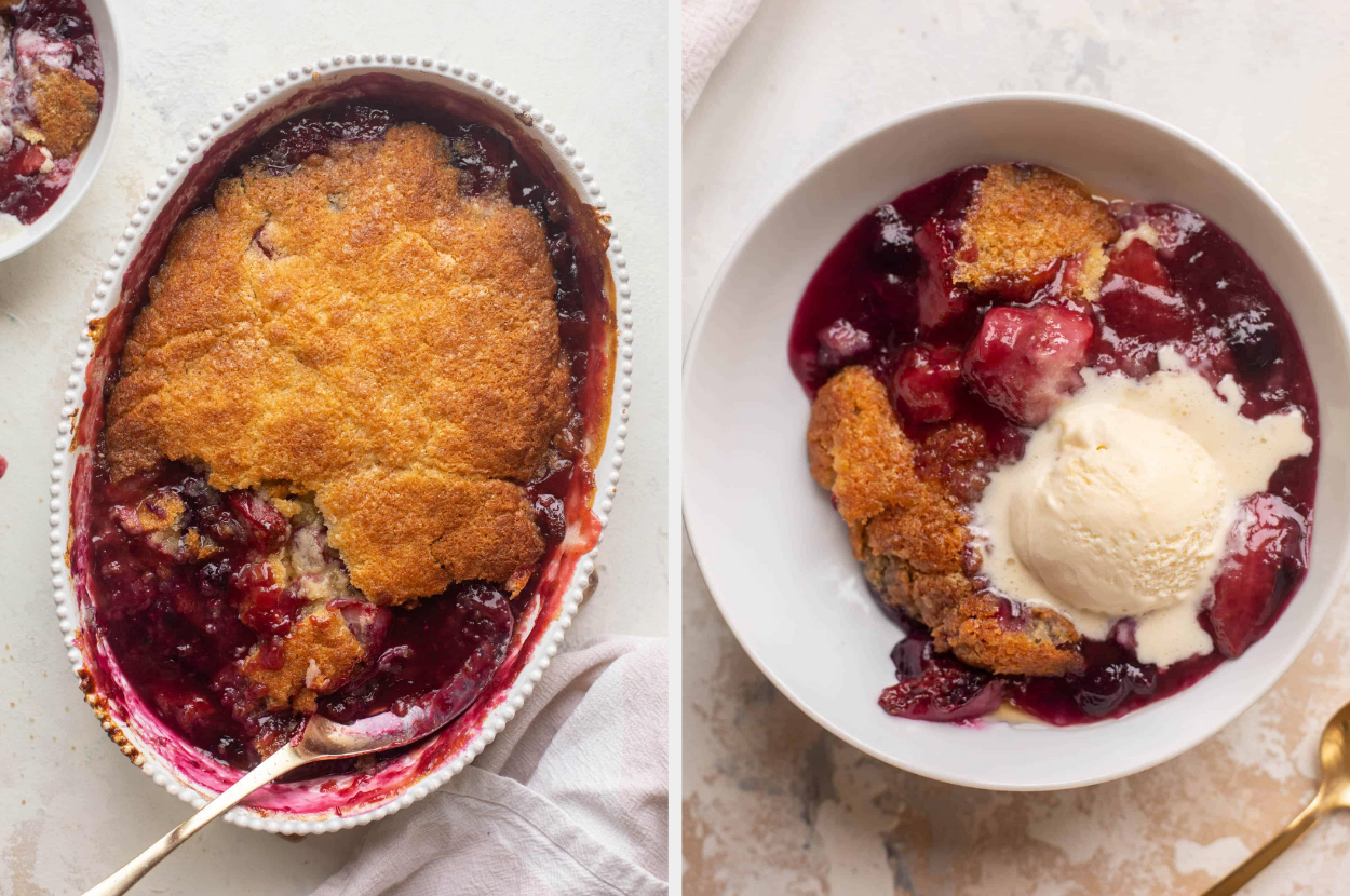 A baked berry cobbler and a serving in a bowl with vanilla ice cream