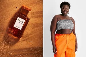 on left: brown fine'ry perfume bottle. on right: model wearing sleeveless silver crop top with orange pants