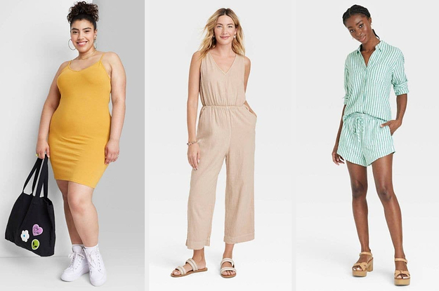 from left to right: model in yellow sleeveless mini dress, model in beige sleeveless comfy jumpsuit, model in matching long-sleeve blue and white stripe top and matching shorts