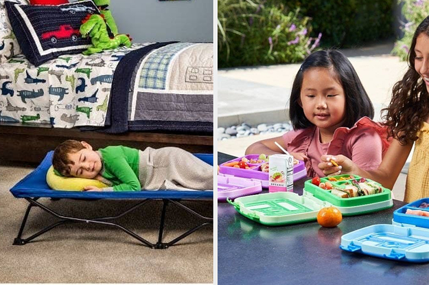 on left: child sleeping on blue travel cot. on right: kids eating lunch out of colorful Bento boxes