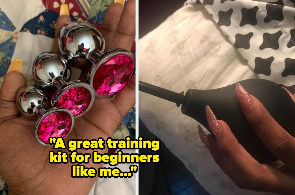 Reviewer holding trio of metal plugs with rhinestone bases and reviewer holding black enema bulb