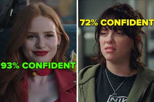 Woman wearing lipstick smirks with the words "93% confident" over her image, next to a separate image of Billie Eilish with brows furrowed, mouth snarled, with the words "72% confident" over her image