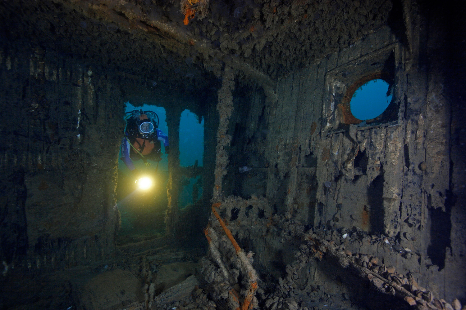 inside of a ship wreck under water