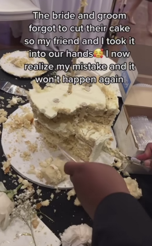 crumbling cake with a person trying to cut it