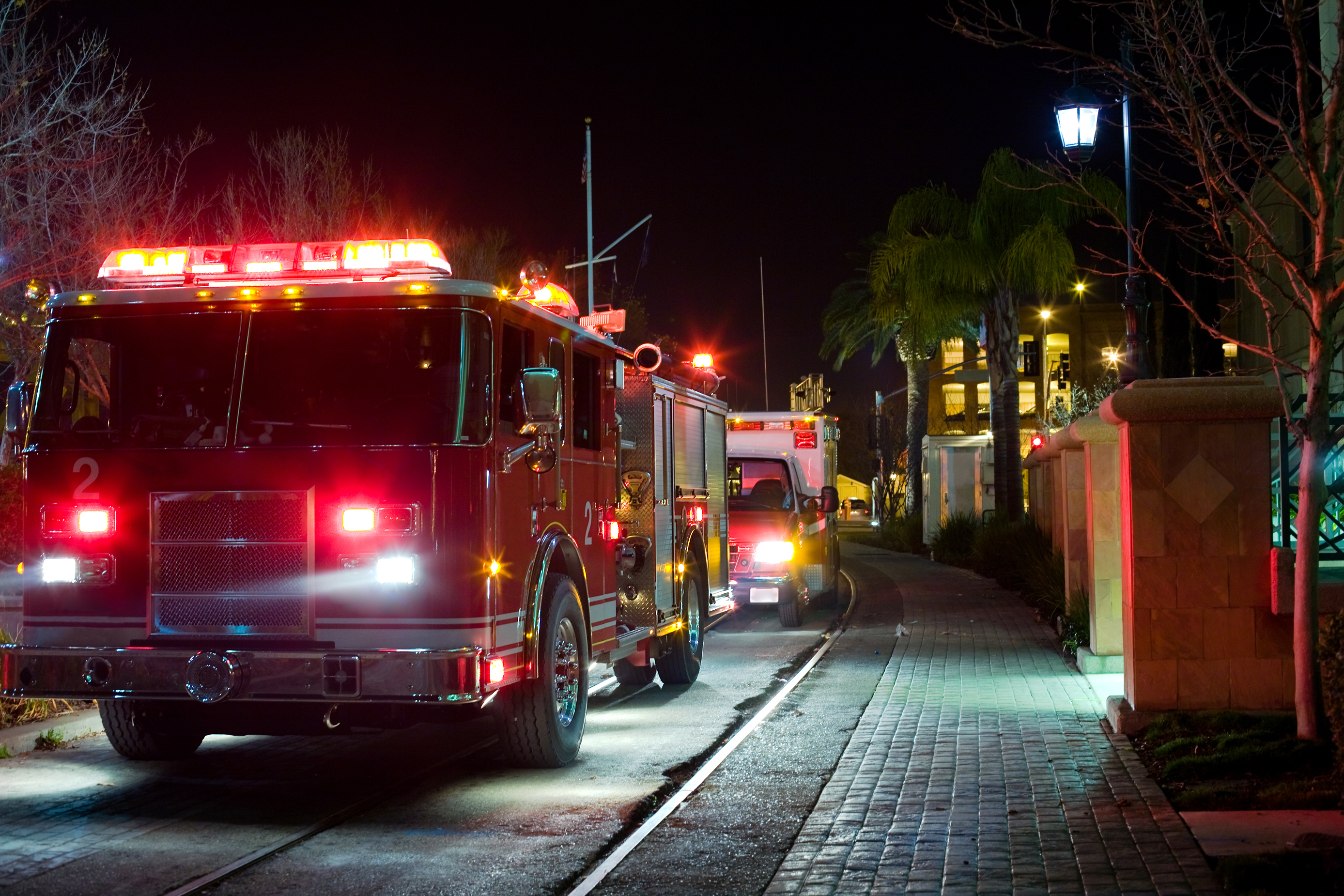 fire trucks at night