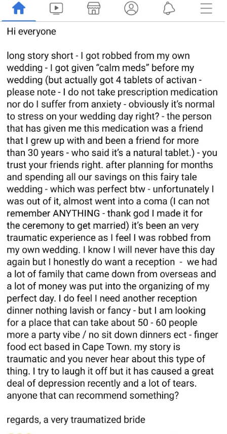 bride telling the story of being drugged by a friend before the wedding