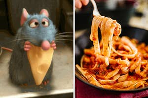 On the left, Remy from Ratatouille eating cheese, and on the right, someone twirling pasta on a fork