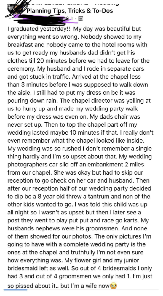 bride listing all the things that went wrong