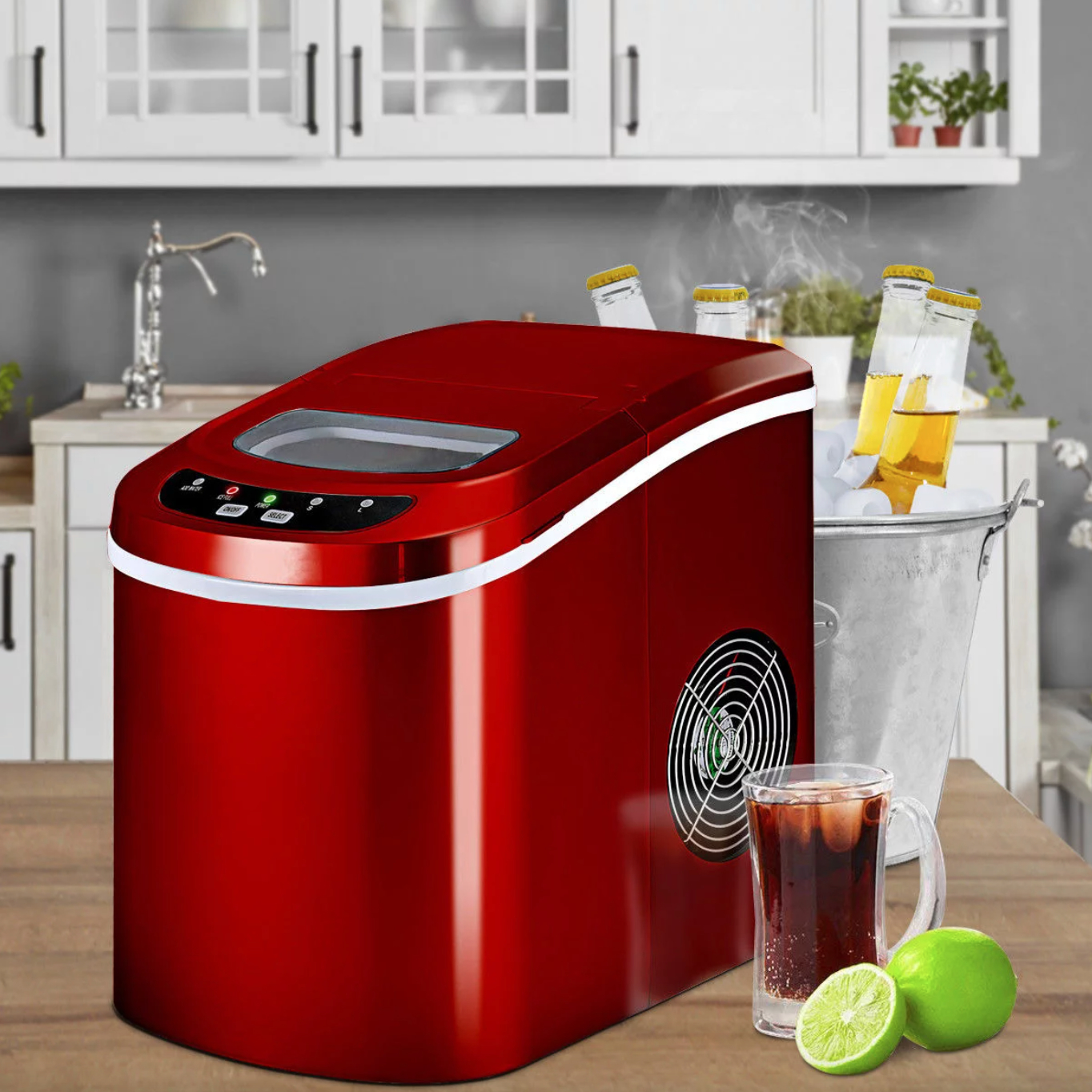 the red ice maker on the counter with beverages in a decorated kitchen space