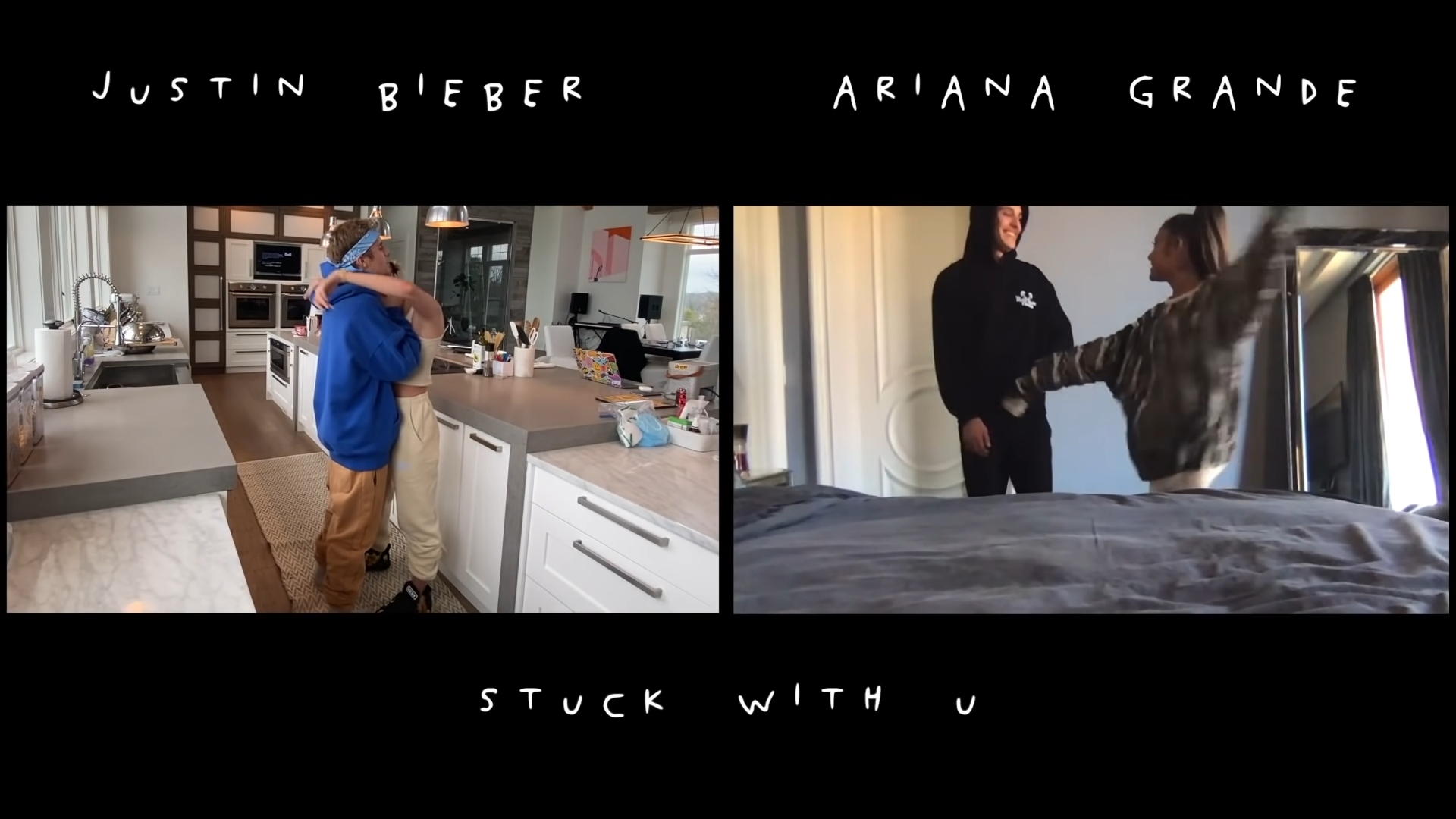 justin bieber and ariana grande dancing with their spouses (at the time) in their &quot;stuck with u&quot; music video