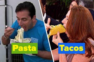 Nelly eats a taco in front of Darrell and Michelle eats pasta