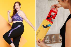 model in athletic gear, model holding socks