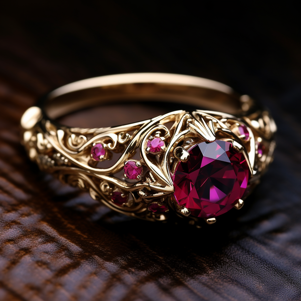 A gold ring with a garnet-like gem in the center and intricate details and tiny gems placed around it
