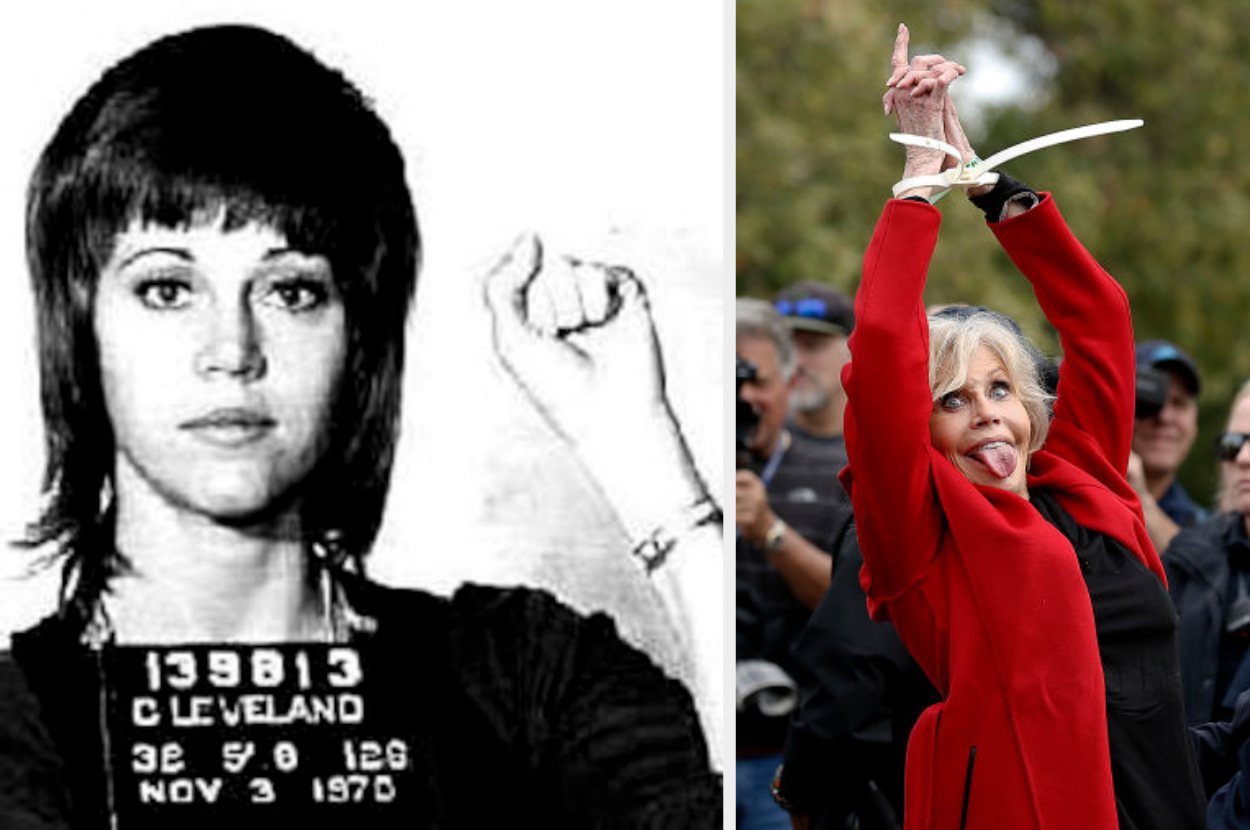 Side-by-side of Jane Fonda&#x27;s mug shot and Jane Fonda being arrested