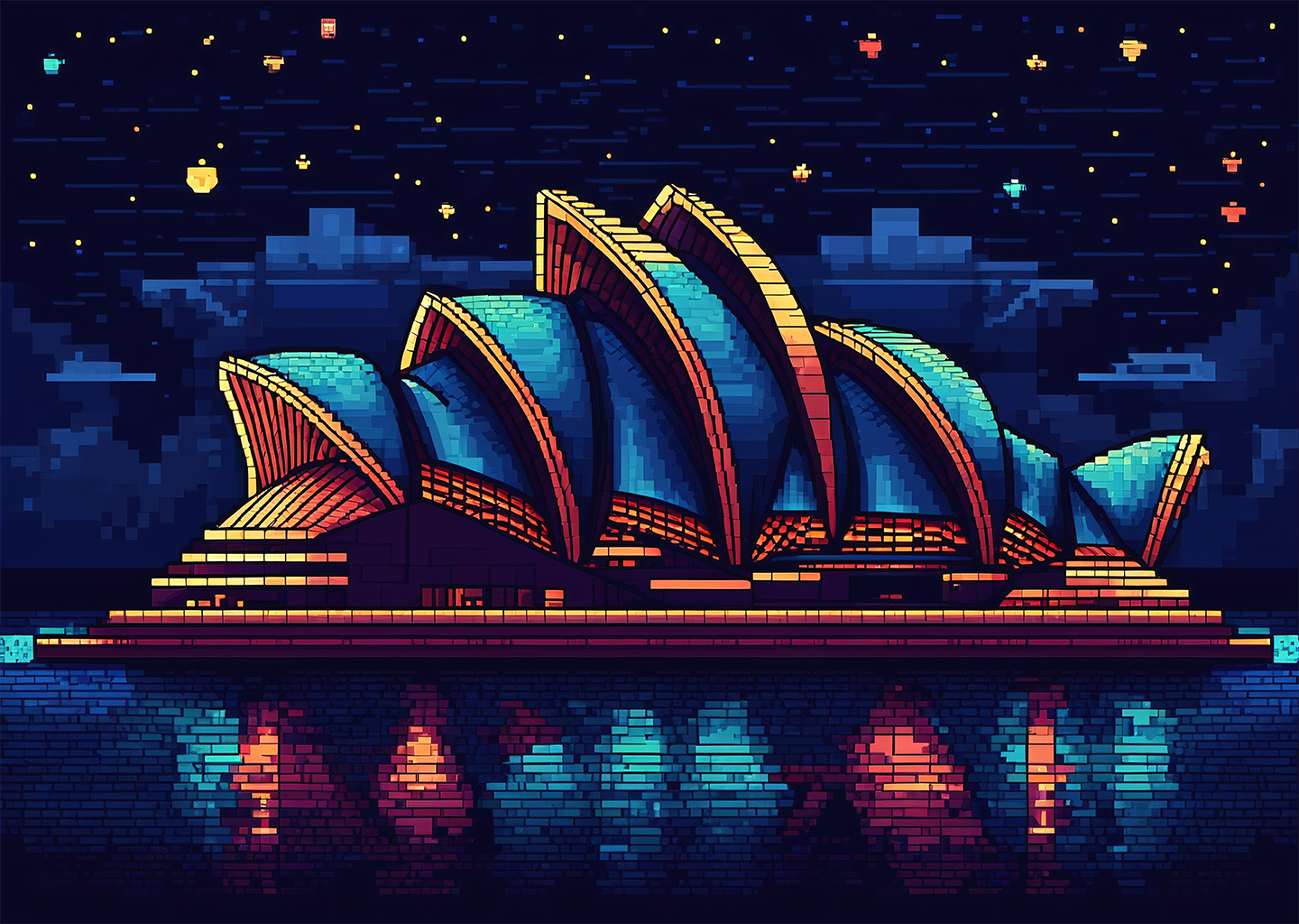 AI-generated pixelated image of the Sydney Opera House