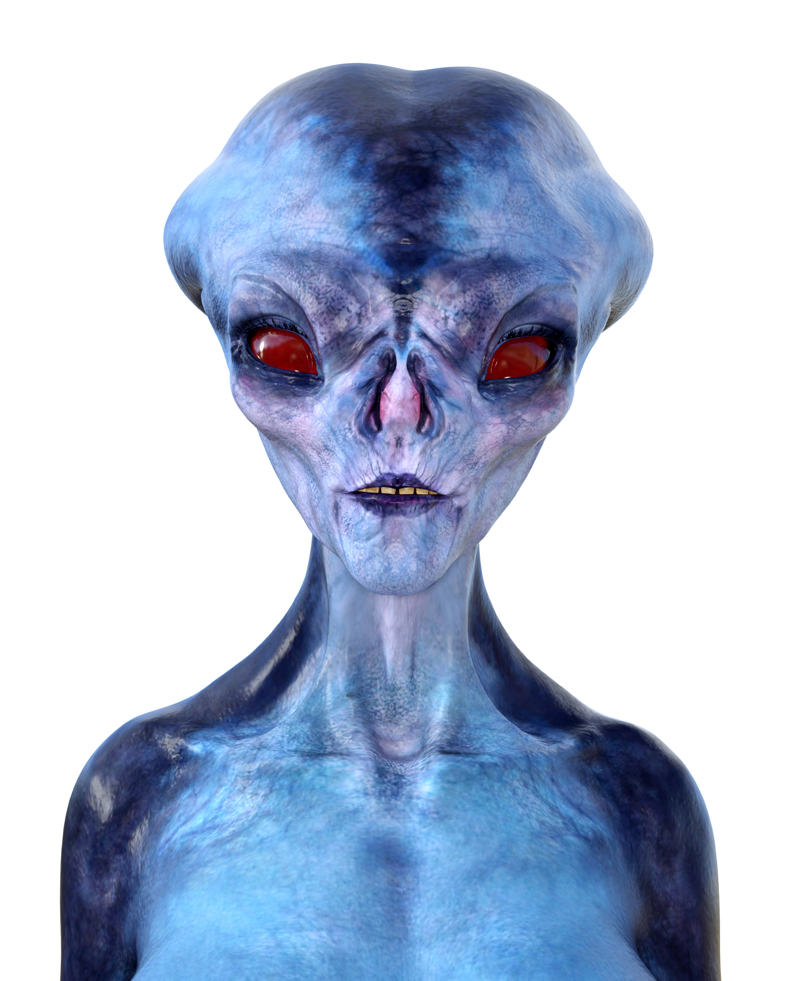 A blue-ish alien with red eyes