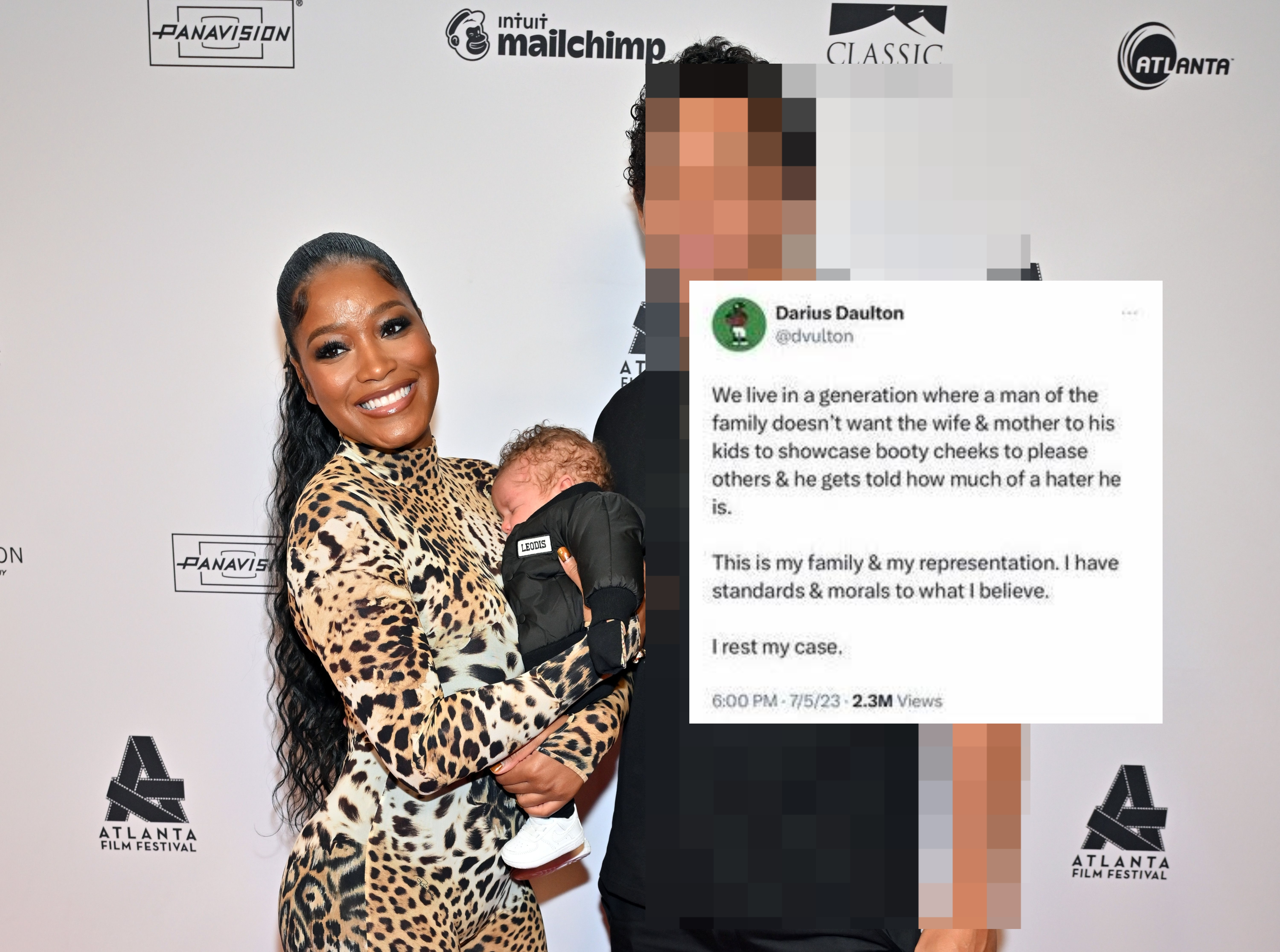 keke palmer poses with her child and former partner (insert) tweet from keke palmer&#x27;s ex criticizing his former partner&#x27;s outfit choices