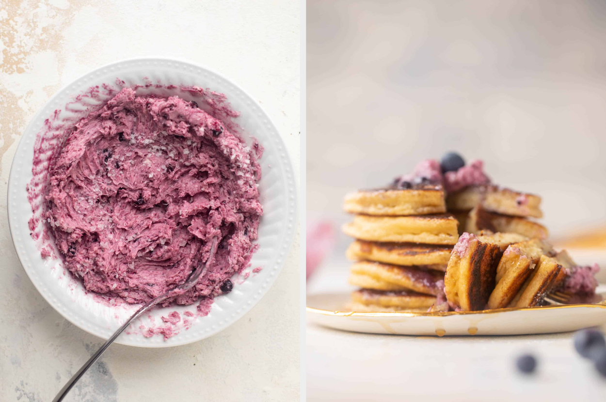 A bowl of salted blueberry butter and stacked pancakes that have been cut