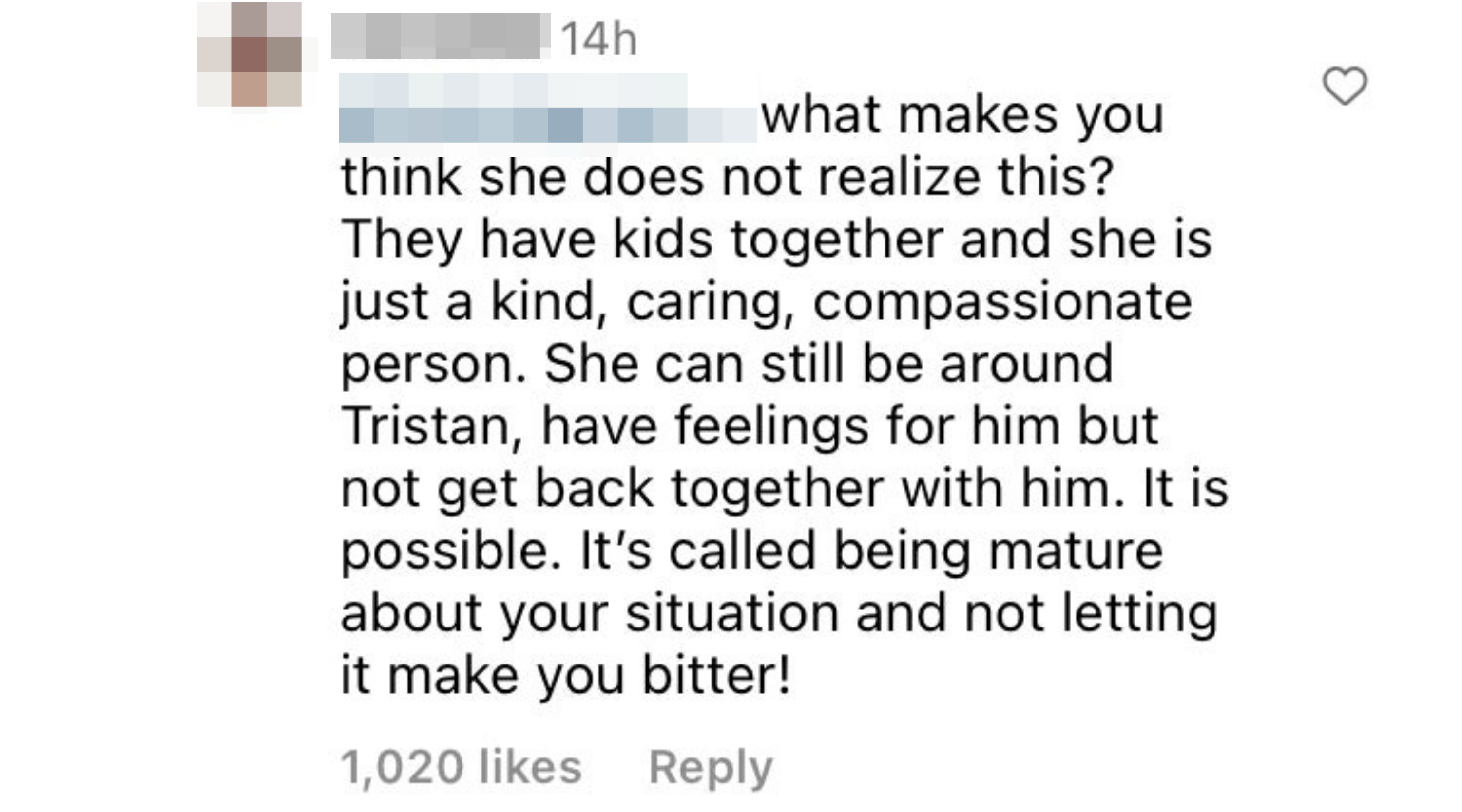 Screenshot of comment, which also says &quot;They have kids together and she is just a kind, caring, compassionate person&quot;