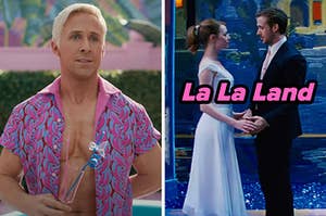 On the left, Ryan Gosling holding a drink as Ken in Barbie, and on the right, Emma Stone and Ryan Gosling looking into each other's eyes as Mia and Sebastian in La La Land