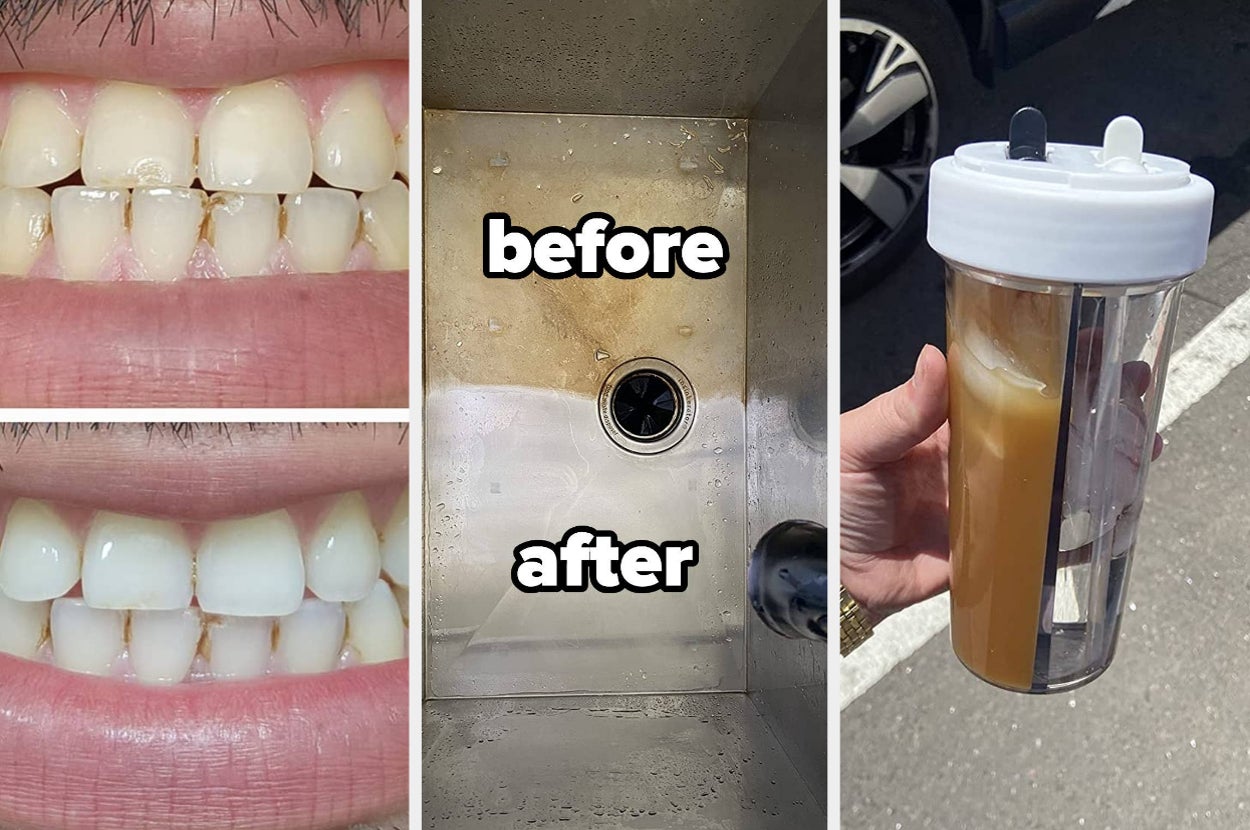 before and after of crest white strips on teeth, before and after of the pink stuff on sink basin and reviewer holding dual travel cup with coffee and water