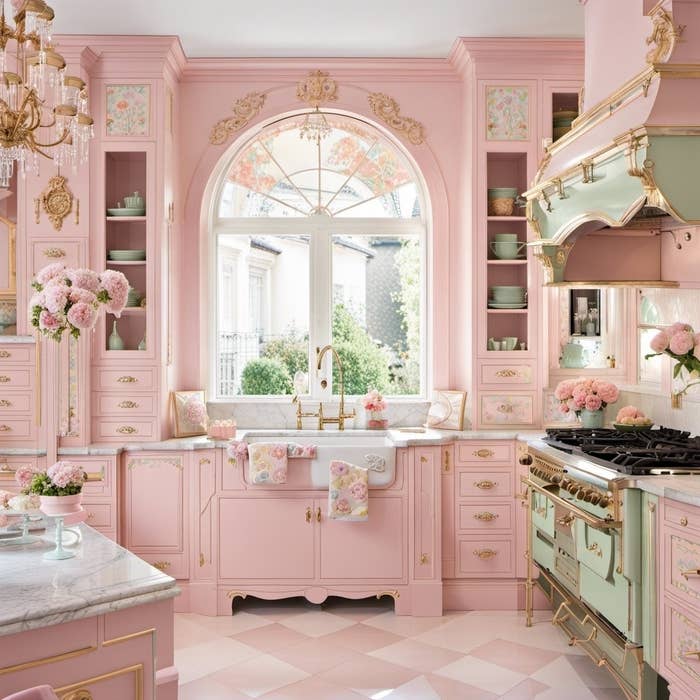A pink kitchen with a chandelier, light green accents, flowers, and floral hand towels