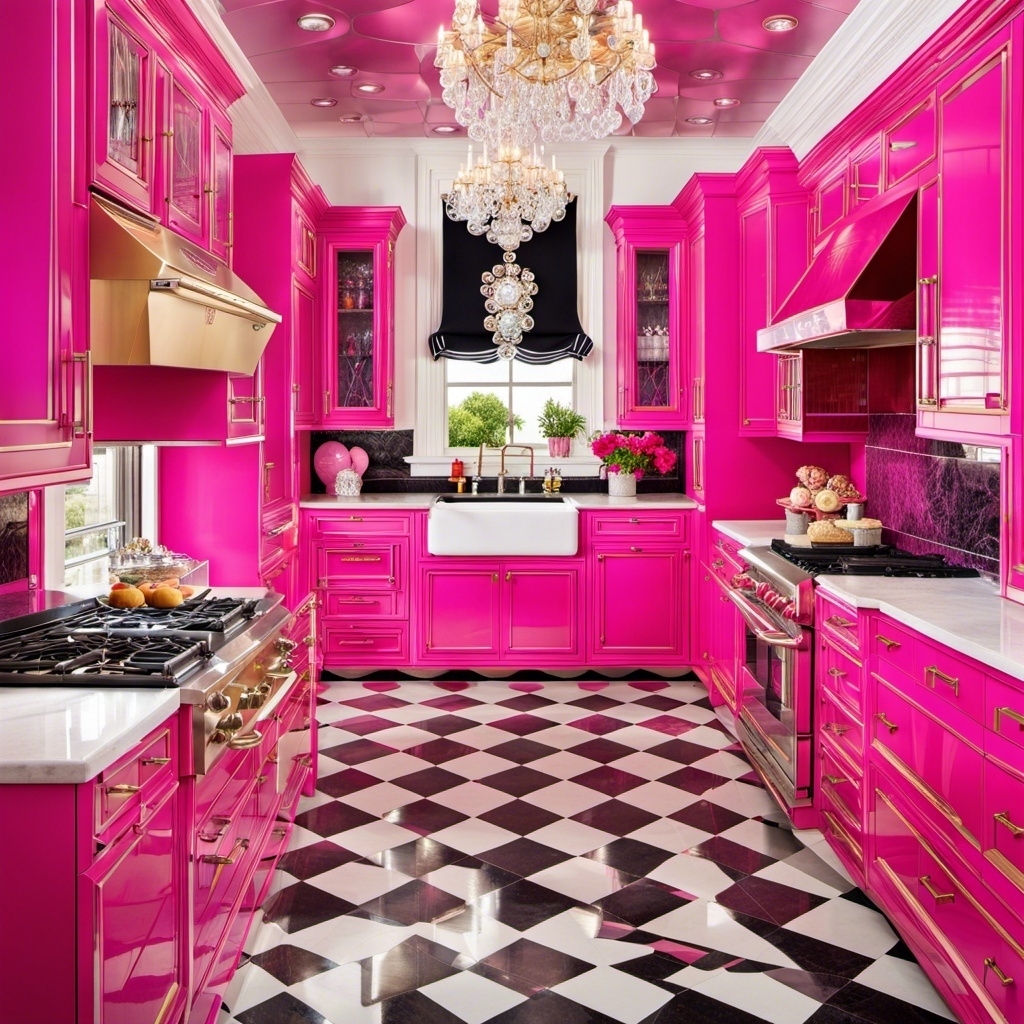 A hot pink kitchen with checkered tile flooring and ornate chandelier and some flowerpots