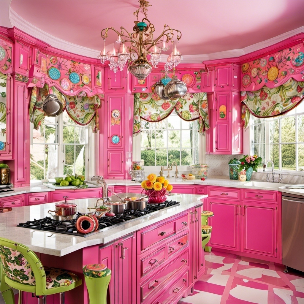 A bright pink kitchen with white and floral accents and large island with a stove and small chandelier