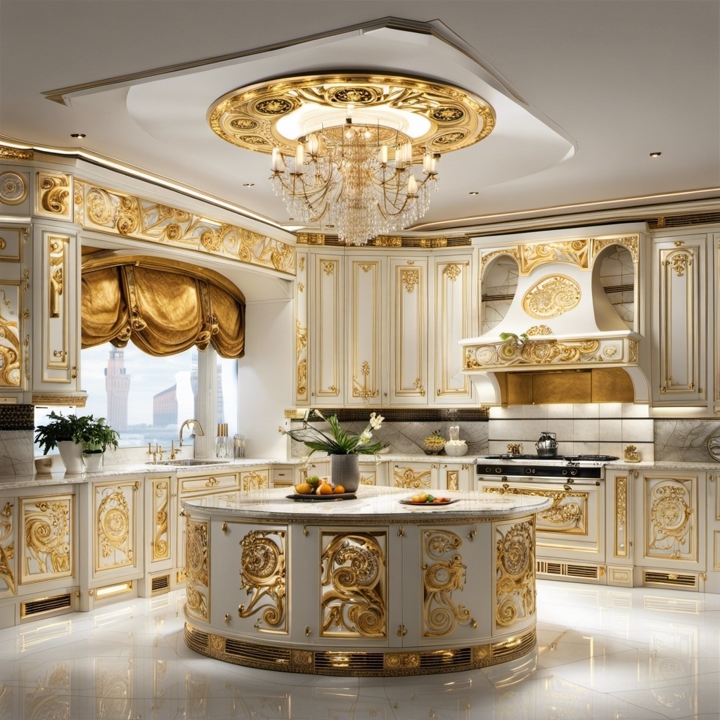 An ornate kitchen with gold accents, ornate chandelier, and brocade curtains