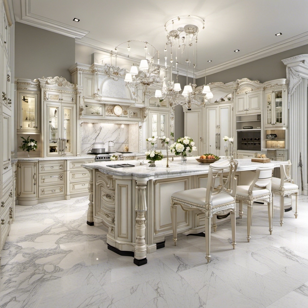 An off-white kitchen with lots of marble and a large island and ornate chandelier