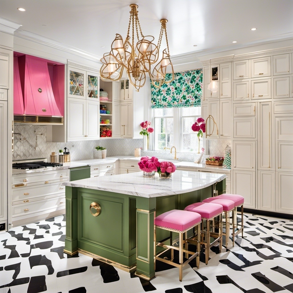 A predominantly white, homey kitchen with pink and green accents, black-and-white floor, and medium island