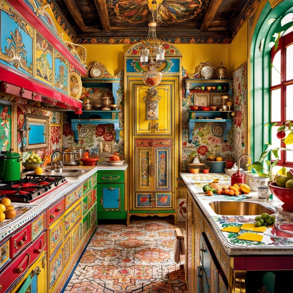 A very colorful kitchen with intricate prints on the appliances, floor, and island