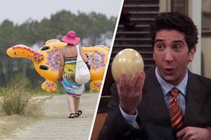 Dinosaur inflatable and Ross Geller from "Friends" holding up a dinosaur egg.