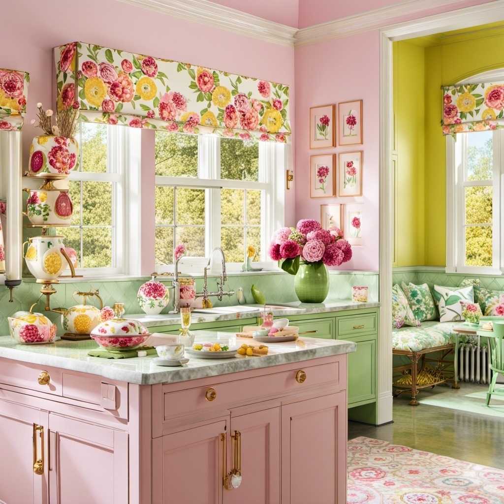 Very homey kitchen with floral themes and pastel colors, with an anteroom with pillows and window seat
