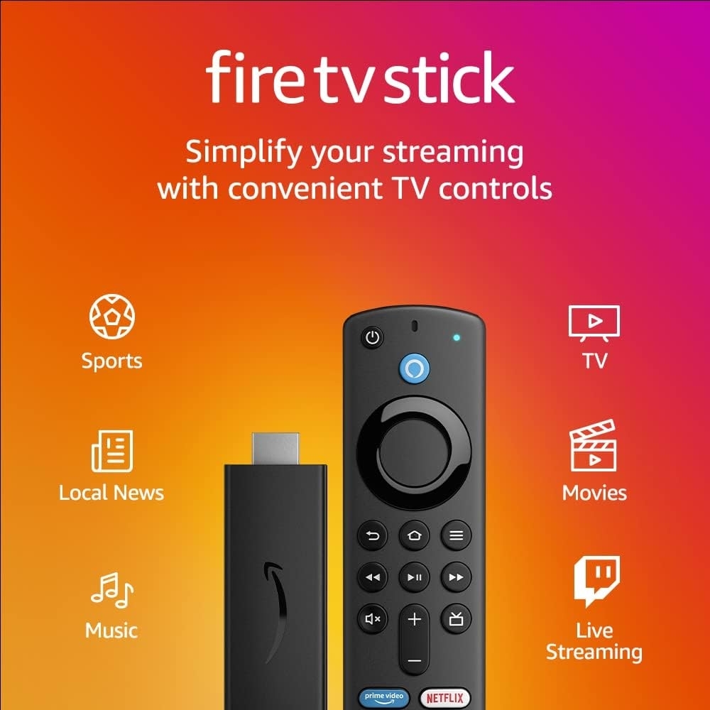 fire tv stick plug-in and remote captioned &quot;simplify your streaming with convenient tv controls&quot;