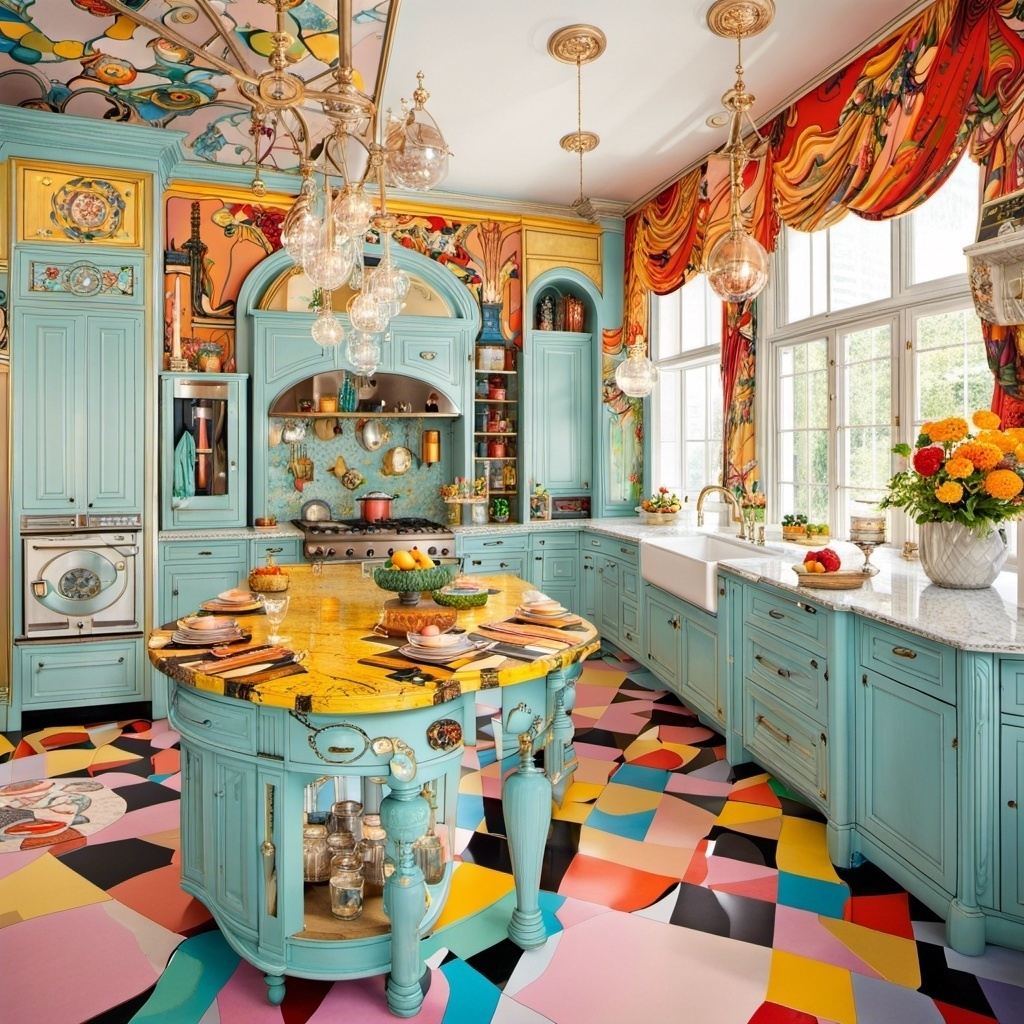 Colorful kitchen with multicolored flooring, flowers, and unusually shaped island