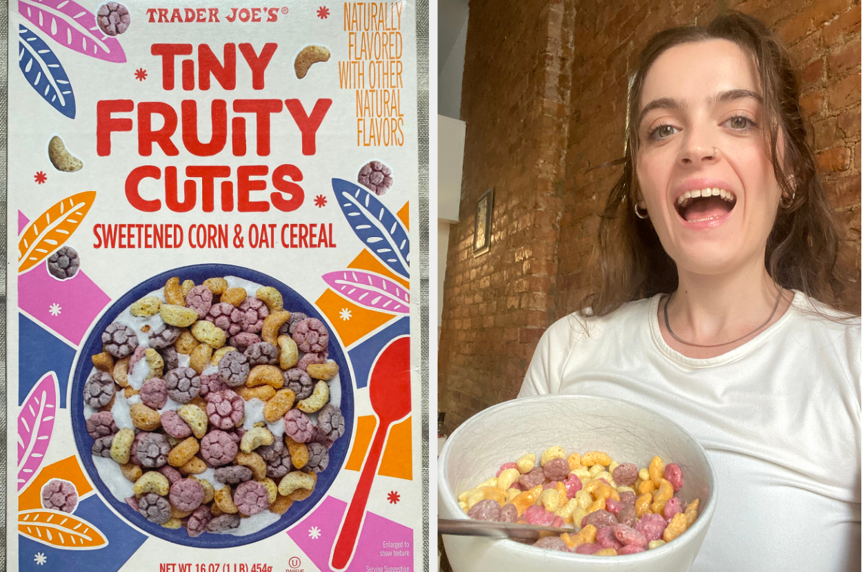 A box of tiny fruity cuties cereal and Claudia eating a bowl