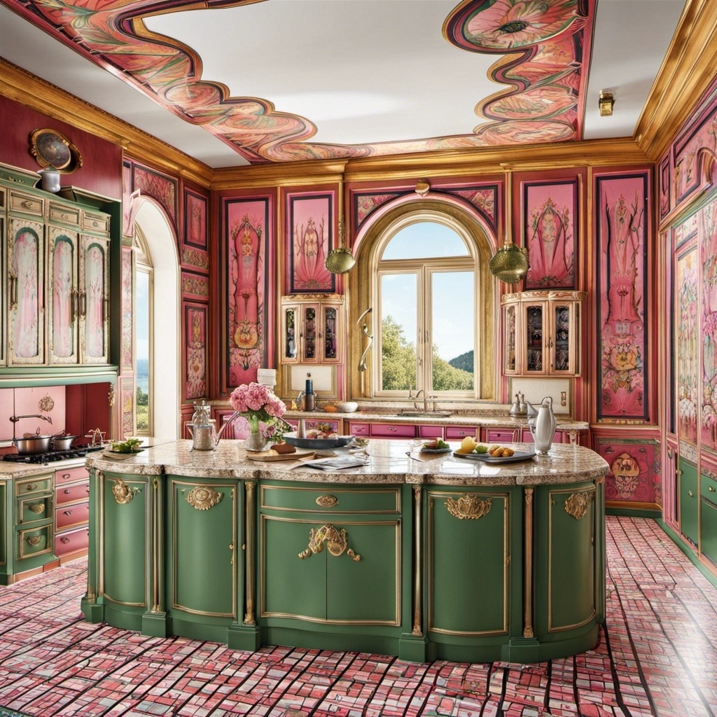 Pink and light green kitchen with busy tile flooring, intricate wallpaper, and a large island with floor-length drawers