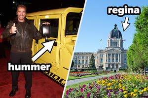 photo of arnold schwarzenegger in front of a hummer and a photo of regina