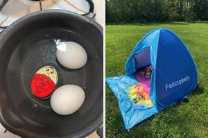 on left: cute egg-shaped hard-boiled egg timer in pot with eggs. on right: blue UV-resistant pop-up beach tent