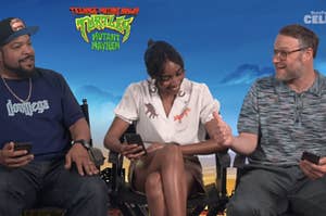 Ice Cube and Ayo Edebiri and Seth Rogen talk in an interview