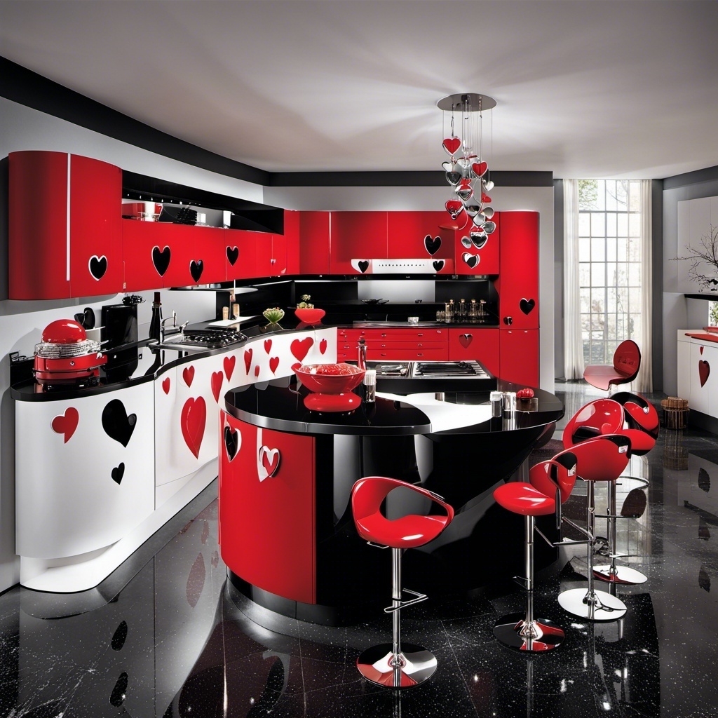 A sleek, ultra-modern, red, white, and black kitchen
