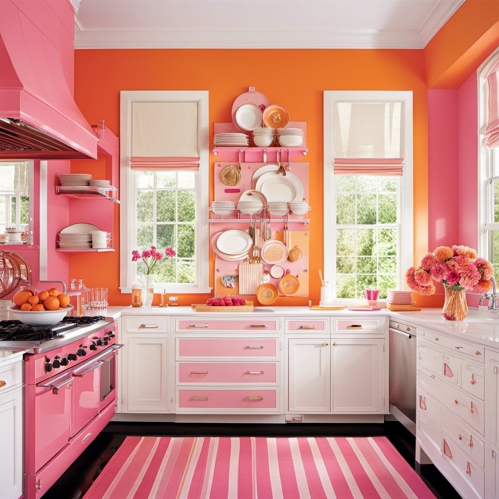 Pink, white, and orange simple kitchen with a striped rug and a large bouquet of flowers