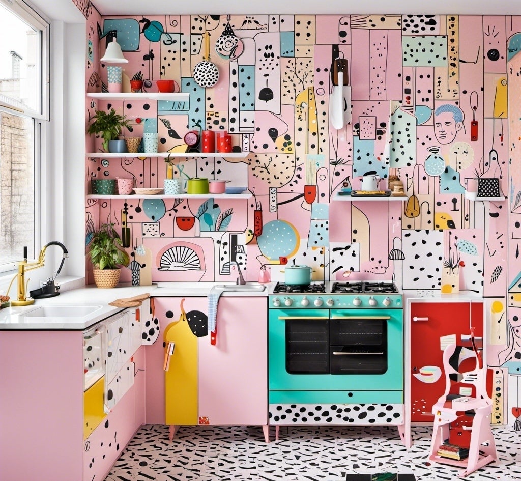 A pastel-themed kitchen with busy wallpaper, including faces and black dots