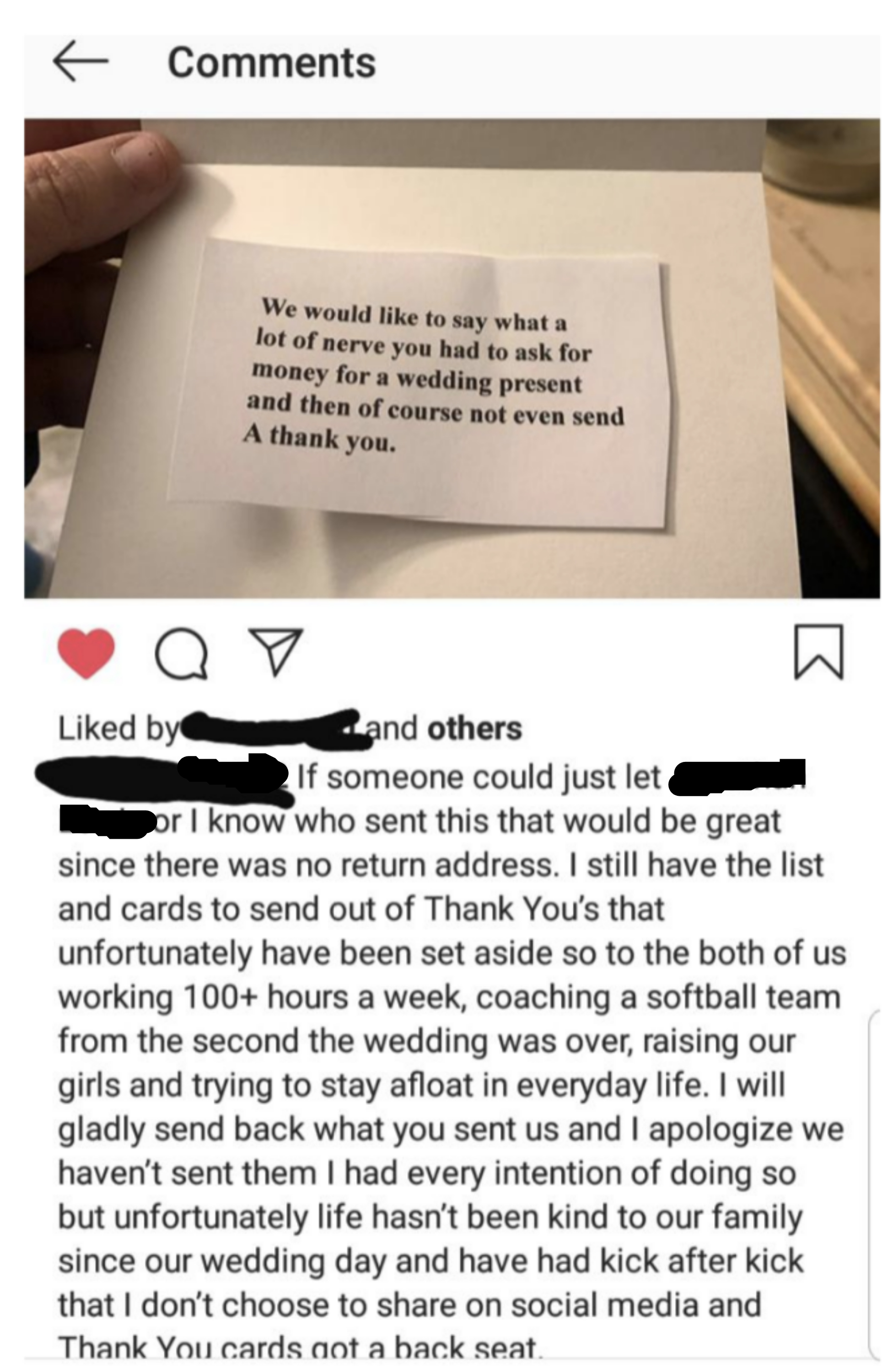 note saying they&#x27;re upset they sent a wedding gift and didnt get a thank you note