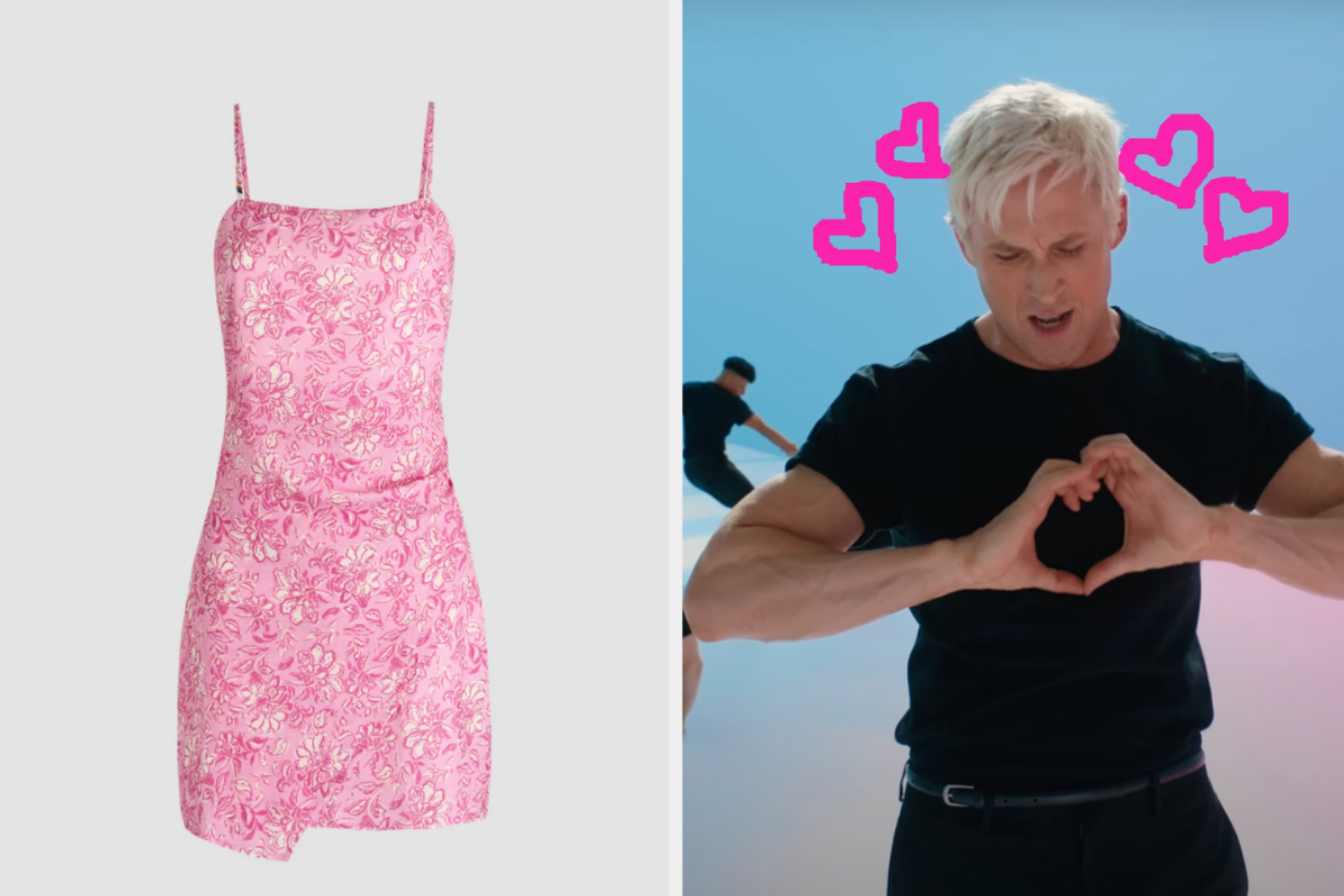 On the left, a floral mini dress, and on the right, Ryan Gosling making a hand heart as Ken in Barbie