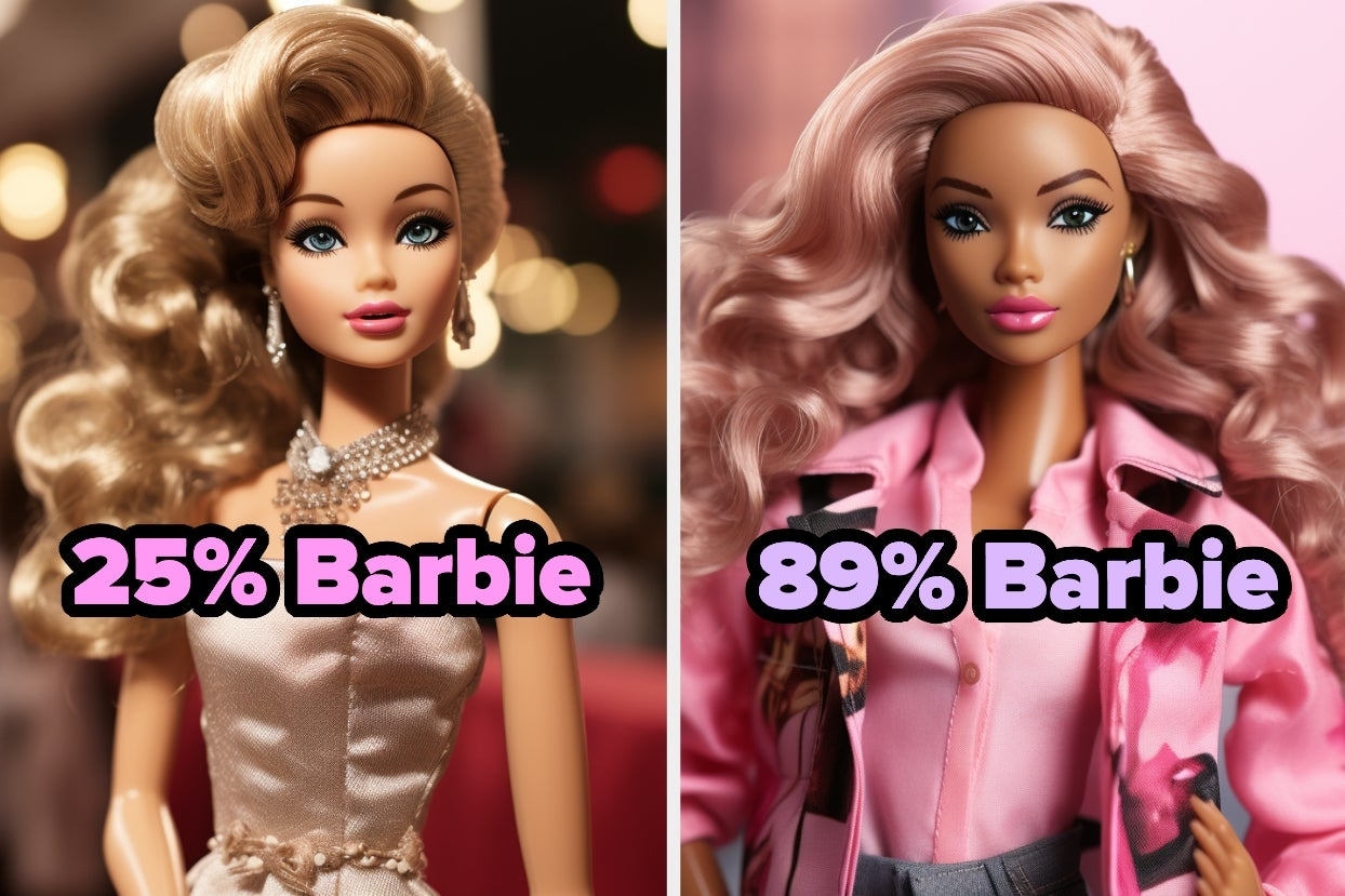 On the left, a Barbie wearing a glam gown and jewelry labeled 25% Barbie, and on the right, a Barbie wearing a bomber jacket, a button-down shirt, and jeans labeled 89% Barbie