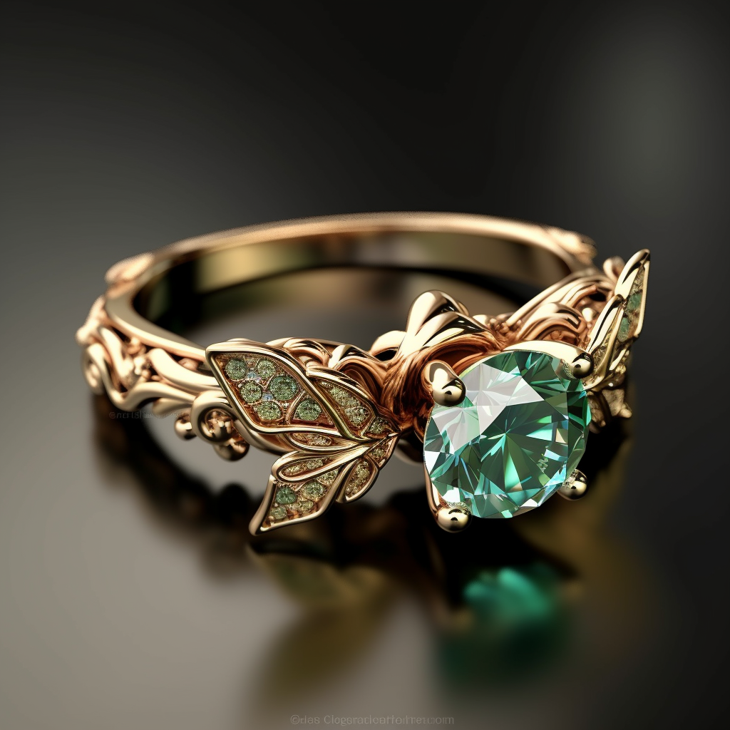 a gold ring with a green apatite-like gem surrounded by wing-like accents with peridot-like gems in them
