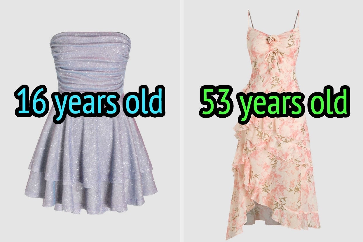 On the left, a sparkly mini dress labeled 16 years old, and on the right, a floral, layered dress labeled 53 years old